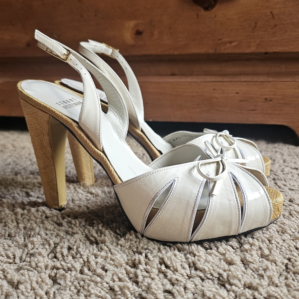Stuart Weitzman Patent Leather White Slingback Open Toe Heels 7.5